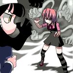  artist_request crossover elfen_lied horns lowres lucu_lucu lucuha lucy_(elfen_lied) multiple_girls oekaki prehensile_hair standing striped striped_legwear thighhighs vectors 