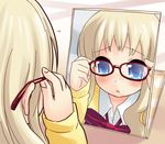  adjusting_eyewear blonde_hair blue_eyes blush bow bowtie glasses koiwai_flora long_hair mirror mizu_asato nanatsuiro_drops ribbon school_uniform solo 