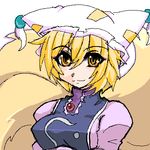  artist_request blonde_hair brooch closed_mouth frills gem hat jewelry looking_at_viewer lowres oekaki ofuda pillow pillow_hat short_hair smile solo tabard tassel touhou upper_body white_background yakumo_ran 