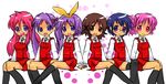  blue_eyes blue_hair blush bow brown_eyes brown_hair cosplay crossover hidamari_sketch hiiragi_kagami hiiragi_tsukasa hiro long_hair lucky_star okera pink_hair purple_eyes purple_hair sae school_uniform short_hair skirt smile takara_miyuki yuno 