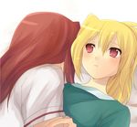  bamboo_blade blonde_hair blush chiba_kirino girl_on_top hijiki_(hijikini) kuwahara_sayako lying multiple_girls ponytail red_eyes red_hair yuri 