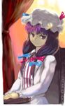  blue_bow book bow chair circlek closed_mouth curtains dress expressionless hair_bow hat head_tilt long_hair long_sleeves looking_at_viewer mob_cap patchouli_knowledge pink_bow purple_eyes purple_hair shaded_face sitting solo touhou upper_body very_long_hair white_dress 