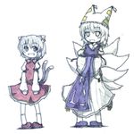  animal_ears blush_stickers cat_ears cat_tail chen chibi dress earrings etogami_kazuya fox_tail hands_in_opposite_sleeves hat jewelry long_sleeves lowres monochrome multiple_girls multiple_tails pillow_hat shoes short_hair socks spot_color tail tassel touhou wide_sleeves yakumo_ran 
