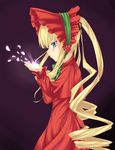  blonde_hair blue_eyes bonnet bow buresu capelet dress drill_hair flower long_hair open_mouth red_capelet red_dress ribbon rose rozen_maiden shinku simple_background twin_drills twintails very_long_hair 