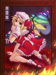  biting blonde_hair blood bow child doll dress finger_biting fire flandre_scarlet frilled_dress frills hair_bow hat laevatein painting_(object) puffy_short_sleeves puffy_sleeves rainbow_order red_bow red_dress red_eyes red_footwear shoes short_hair short_sleeves socks solo touhou white_bow white_hat white_legwear wings yaso_shigeru 