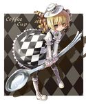  argyle argyle_background argyle_dress blonde_hair boots cross-laced_footwear cup drill_hair eyebrows_visible_through_hair frame full_body holding juliet_sleeves katahira_masashi knee_boots leaning_forward long_sleeves original oversized_object puffy_sleeves solo spoon teacup white_footwear yellow_eyes 