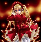  blonde_hair blue_eyes blush bonnet cowboy_shot dress fire flame glowing long_hair long_sleeves looking_at_viewer red_dress rozen_maiden shinku shiraki_(artist) solo standing very_long_hair 