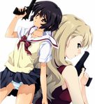  back-to-back black_hair blonde_hair blue_eyes desert_eagle finger_on_trigger gun handgun long_hair looking_back mireille_bouquet multiple_girls noir panties pistol red_eyes saipaco school_uniform short_hair skirt skirt_lift sleeveless underwear weapon white_panties yuumura_kirika 