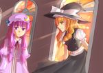  bad_id bad_pixiv_id blonde_hair braid foro_(planet_cage) hair_ribbon hat kirisame_marisa long_hair multiple_girls patchouli_knowledge purple_eyes purple_hair ribbon touhou window witch_hat yellow_eyes 