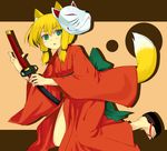  animal_ears blonde_hair copyright_request feet fox_ears fox_mask fox_tail green_eyes ikura_hato japanese_clothes katana mask sandals solo sword tail twintails weapon 