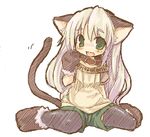  7010 animal_ears collar copyright_request green_eyes long_hair lowres paws solo tail thighhighs 