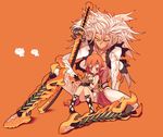  1girl bad_id bad_pixiv_id blade_(galaxist) couple elf height_difference hetero orange_background orange_eyes original pig pointy_ears red_hair simple_background sword weapon white_hair 