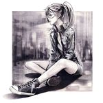  amasawa_yuuko dennou_coil glasses iwai_ryou monochrome realistic shoes short_hair sitting sneakers solo twintails 