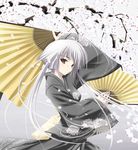  brown_eyes cherry_blossoms dual_wielding fan folding_fan grey holding japanese_clothes kimono long_hair md5_mismatch original satomi silver_hair solo 