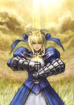  ahoge armor artoria_pendragon_(all) blonde_hair cloud fate/stay_night fate_(series) field green_eyes masankaku ribbon saber sky solo sword weapon 