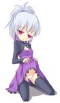  darker_than_black dress dress_lift kuro_(be_ok) panties purple_dress solo thighhighs underwear white_hair yin 