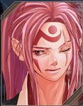  baiken ears frown guilty_gear hino_shinnosuke japanese_clothes lips lowres non-web_source official_art one-eyed pink_eyes pink_hair portrait scar scar_across_eye solo tattoo wince 