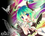  blush bug butterfly colorful detached_sleeves green_nails hatsune_miku insect kamiya_yuu long_hair microphone microphone_stand multicolored_hair nail_polish necktie solo thighhighs twintails very_long_hair vocaloid 