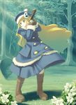  blonde_hair blue_eyes blush boots brown_footwear buttons curly_hair forest gunner hat hisagi_hotaru jack_frost knee_boots long_hair long_sleeves nature outdoors plant pom_pom_(clothes) sekaiju_no_meikyuu solo standing tree very_long_hair 