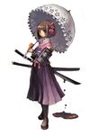  armor blood bob_cut brown_hair bushidou_(sekaiju) flower gin_(oyoyo) green_eyes hair_flower hair_ornament hakama japanese_armor japanese_clothes parasol purple_hakama sekaiju_no_meikyuu shoulder_armor sode solo sword umbrella weapon 