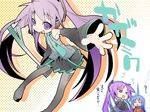  :3 bare_shoulders blue_hair blush boots cosplay detached_sleeves hatsune_miku hatsune_miku_(cosplay) hiiragi_kagami izumi_konata long_hair lucky_star multiple_girls necktie nyuusankin purple_eyes purple_hair skirt thigh_boots thighhighs twintails vocaloid 