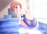  ass brown_hair caustics competition_swimsuit drain_(object) from_behind indoors looking_back one-piece_swimsuit original pool red_eyes short_hair solo starting_block swimsuit takuya_kame wading window 