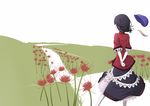  arms_behind_back blue_hair chinese_clothes flat_color flower from_behind grass hat hat_removed headwear_removed high_collar highres horizon miyako_yoshika ofuda_removed pale_skin path road short_hair skirt sogabu_mikoto solo spider_lily touhou v_arms walking wind 