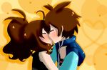  1boy 1girl background blush brown_hair couple eyes_closed headwear_removed kiss love pokemon pokemon_(game) pokemon_bw ponytail touko_(pokemon) touya_(pokemon) wristband 