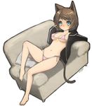  animal_ears bare_legs barefoot bikini blue_eyes breasts brown_hair cat_ears cat_tail cleavage highleg highleg_bikini highleg_swimsuit highres hood hood_down hooded_jacket jacket looking_at_viewer miyamae_porin navel original pink_bikini reclining short_hair side-tie_bikini signature simple_background small_breasts solo string_bikini swimsuit tail white_background 