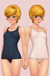  blonde_hair blush breasts cameltoe covered_navel covered_nipples cowboy_shot elenab green_eyes gundam gundam_unicorn highres mineva_lao_zabi nipples one-piece_swimsuit open_mouth parted_lips school_swimsuit see-through short_hair small_breasts solo swimsuit 