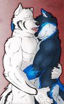  anthro backdraft biceps black_fur blue_fur canine claws couple cuddling duo eyes_closed fangs fur gay gripping holding hug licking love lukoi male mammal muscles nude open_mouth pecs romantic standing toned tongue vond white_fur wolf 