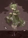  dress ghost_tail green_dress green_eyes green_hair hat rain short_hair siroooo skirt_hold soga_no_tojiko solo tate_eboshi touhou 