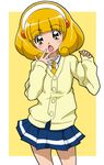  bad_id bad_pixiv_id blonde_hair blush cardigan eyelashes fukushima_masaru hairband highres kise_yayoi nanairogaoka_middle_school_uniform open_mouth precure school_uniform short_hair skirt smile_precure! solo white_hairband yellow_eyes 