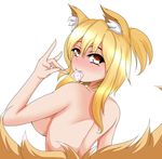 absurdres animal_ears back bangs blonde_hair blush breasts brown_eyes condom condom_in_mouth fox_ears fox_shadow_puppet fox_tail gesture highres large_breasts looking_at_viewer looking_back merry_(diameri) mouth_hold multiple_tails no_hat no_headwear nude ponytail sideboob simple_background smile solo tail touhou upper_body white_background yakumo_ran 