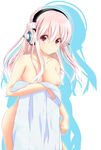 bad_id bad_pixiv_id blush breasts headphones highres large_breasts long_hair mimura_zaja naked_sheet nipples nitroplus nude pink_hair red_eyes shadow simple_background smile solo super_sonico towel 