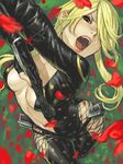  bare_hips blonde_hair bodysuit breasts center_opening green_background green_eyes hips kasuga_(sengoku_basara) kunai long_hair mana30row medium_breasts open_mouth petals sengoku_basara solo thigh_gap weapon wide_hips 