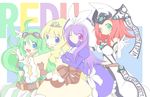  alchemic_magician belt blonde_hair blue_eyes bow dress gloves goggles green_eyes green_hair hat high_priestess_of_prophecy madolche_magileine madolche_puddingcess multiple_girls purple_eyes red_hair ribbon witch_hat yuu-gi-ou 