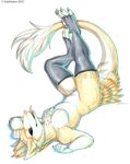  anthro breasts cute feathers female kashmere legwear looking_at_viewer lying nude on_back pinup plain_background pose punip sergal solo stockings tongue tongue_out uil upside_down white_background 