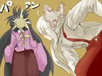  bad_id bad_pixiv_id black_hair bow food food_fight fujiwara_no_mokou hair_bow houraisan_kaguya in_the_face long_hair mizuga multiple_girls pie pie_in_face simple_background suspenders touhou very_long_hair white_hair 