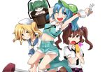  absurdres armpits bad_id bad_pixiv_id blonde_hair blue_eyes blue_hair blue_sailor_collar boots brown_eyes brown_hair bucket cellphone fang green_hair hair_bobbles hair_ornament hat highres himekaidou_hatate kawashiro_nitori key kisume kitashirakawa_chiyuri midriff min_(brbird98) multiple_girls navel open_mouth phone sailor_collar shorts touhou touhou_(pc-98) two_side_up wrench wrist_cuffs yellow_eyes 