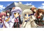  5girls absurdres angel_beats! bag bow cape company_connection cosplay costume_switch creator_connection crossover fujima_takuya hat highres key_(company) little_busters! multiple_girls natsume_kyousuke natsume_rin noumi_kudryavka pink_bow scan school_uniform serafuku shinda_sekai_sensen_uniform tenshi_(angel_beats!) tokyo_big_sight yui_(angel_beats!) yuri_(angel_beats!) 