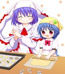  :d ^_^ alternate_costume alternate_headwear apron baking baking_sheet bebeneko blue_hair blush bow child closed_eyes cookie cookie_cutter cooking counter dough food fruit hair_ornament hairclip head_scarf hinanawi_tenshi long_sleeves multiple_girls nagae_iku open_mouth peach red_eyes rolling_pin shawl shirt short_hair short_sleeves smile touhou younger 