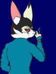  anthro black_hair black_sclera canine cigarette clothed clothing deta e&#039;thrus_vos_devon fennec fox hair jacket looking_back male mammal red_eyes simple_background solo supersly-mouseguy 