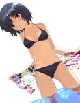  bikini black_eyes black_hair dutch_angle head_tilt highres mocha_(snowflake) nazo_no_kanojo_x print_sarong sarong sarong_removed short_hair simple_background solo sun_tattoo swimsuit tan tanline urabe_mikoto wading water white_background 