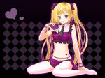  33paradox :p absurdres aqua_eyes bad_id bad_pixiv_id belt blonde_hair blush bracelet crop_top fingernails hair_ornament highres jewelry kanojo_x_kanojo_x_kanojo long_hair looking_at_viewer midriff navel necktie orifushi_mafuyu ribbon sitting skirt smile solo thighhighs tongue tongue_out twintails wariza 