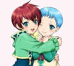  asbel_lhant blue_eyes blue_hair blush child coat green_shirt hubert_ozwell hug male_focus multiple_boys one_eye_closed red_hair shirt simple_background smile tales_of_(series) tales_of_graces usagi_nagomu white_background younger 