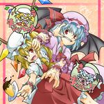 angry annoyed arguing bat_wings chibi clearfile clenched_teeth fangs flandre_scarlet food hat multiple_girls outstretched_hand red_eyes remilia_scarlet short_hair siblings sisters speech_bubble sweets tears teeth touhou wings wrist_cuffs 
