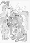  animal_ears aoi_takayuki blush bow_tie butt clothing cutie_mark equine female feral friendship_is_magic group hair hi_res horn horse lesbian long_hair looking_back lying mammal monochrome my_little_pony on_side one_eye_closed open_mouth pony princess princess_celestia_(mlp) princess_luna_(mlp) rabbit_ears royalty sibling sisters twilight_sparkle_(mlp) two_color_hair two_tone_hair unicorn winged_unicorn wings wink 