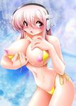  1girl bikini blush breasts erect_nipples headphones highres large_breasts nipples nitroplus open_mouth pink_hair red_eyes solo sonico super_sonico swimsuit usso wardrobe_malfunction 