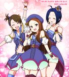  :d ahoge belt beret blue_hair bracelet brown_hair character_name closed_eyes dress earrings futami_ami hairband happy_birthday hat idolmaster idolmaster_(classic) jewelry kidachi long_hair minase_iori miura_azusa multiple_girls navel necklace off_shoulder open_mouth palace_of_dragon_(idolmaster) pink_eyes ryuuguu_komachi short_hair shorts side_ponytail smile thighhighs wrist_cuffs 